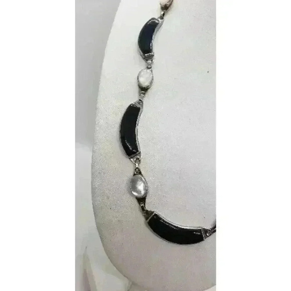 Vintage Necklace Clip Earrings Silver Onyx & Mother Of Pearl Hong Kong 1950s - Picture 10 of 15